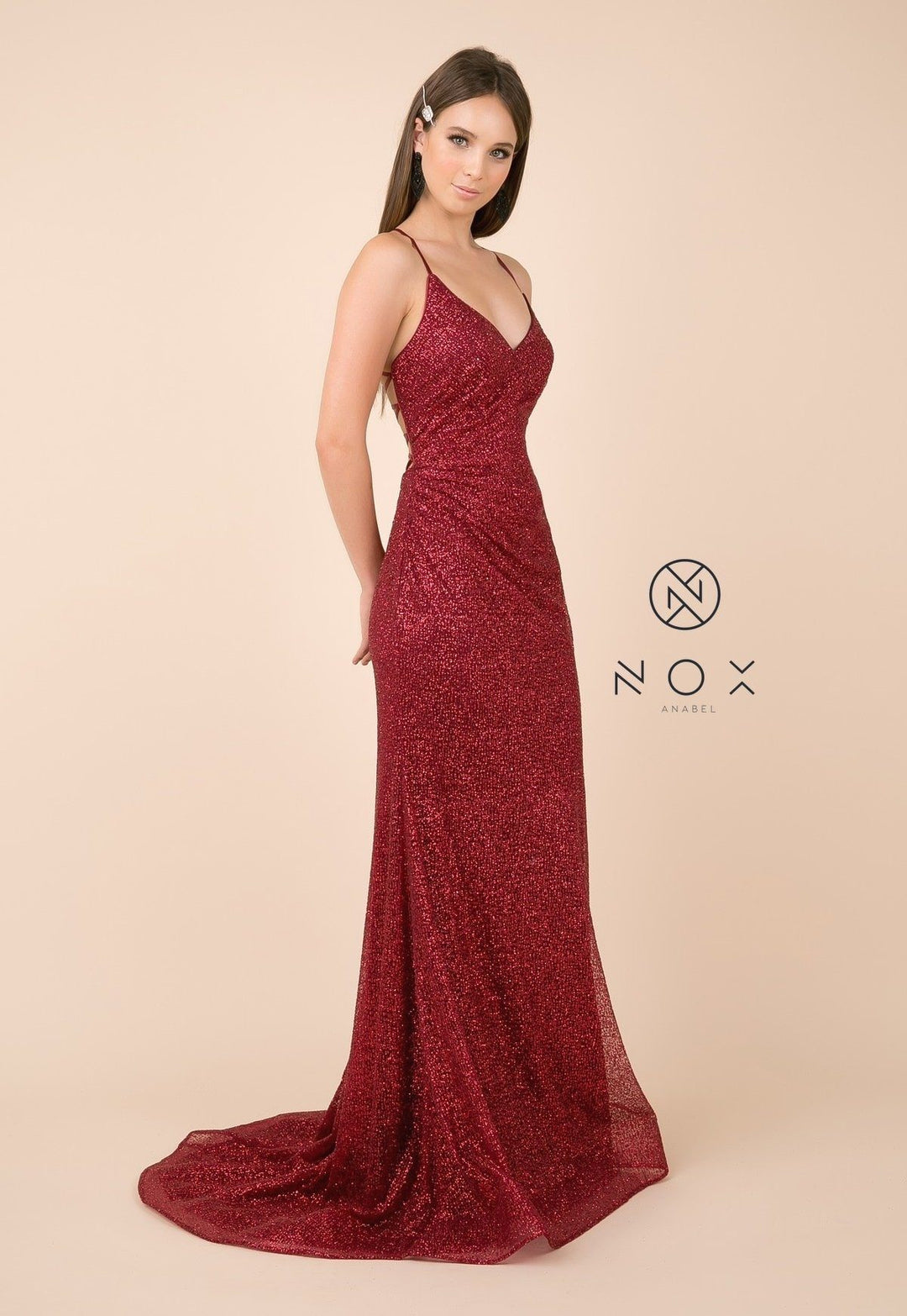 Glitter V-Neck Trumpet Dress with Open Back by Nox Anabel T290-Long Formal Dresses-ABC Fashion