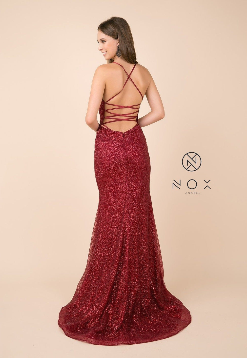 Glitter V-Neck Trumpet Dress with Open Back by Nox Anabel T290-Long Formal Dresses-ABC Fashion