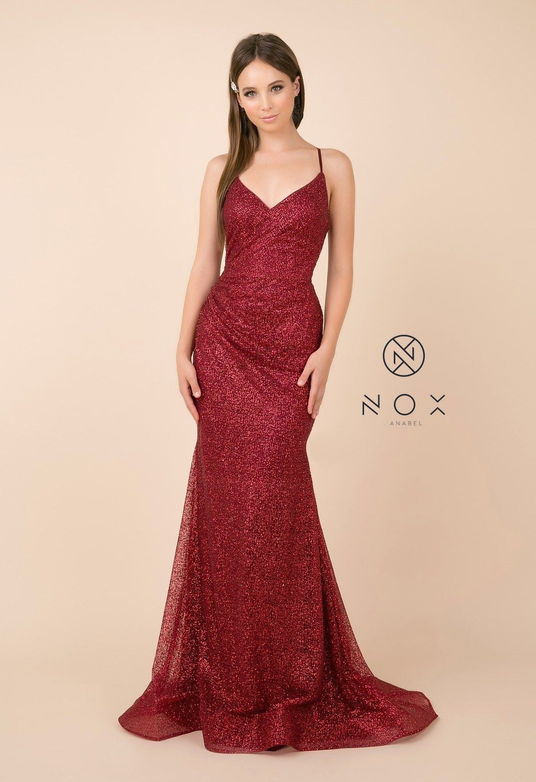 Glitter V-Neck Trumpet Dress with Open Back by Nox Anabel T290-Long Formal Dresses-ABC Fashion