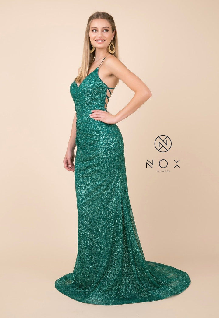 Glitter V-Neck Trumpet Dress with Open Back by Nox Anabel T290-Long Formal Dresses-ABC Fashion
