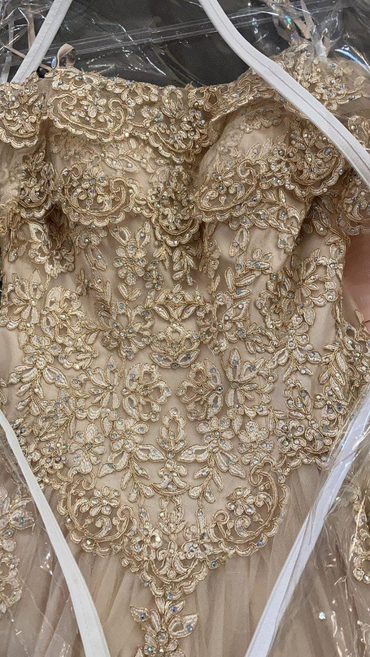 Gold Applique Cold Shoulder A-line Ball Gown by Elizabeth K GL2510