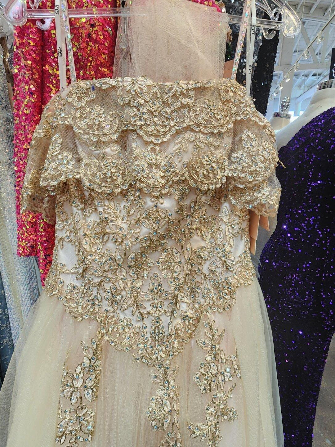 Gold Applique Cold Shoulder A-line Ball Gown by Elizabeth K GL2510