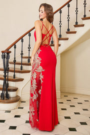 Gold Applique Fitted Sleeveless Slit Gown by Adora 3098