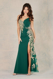Gold Applique Fitted Sleeveless Slit Gown by Adora 3098