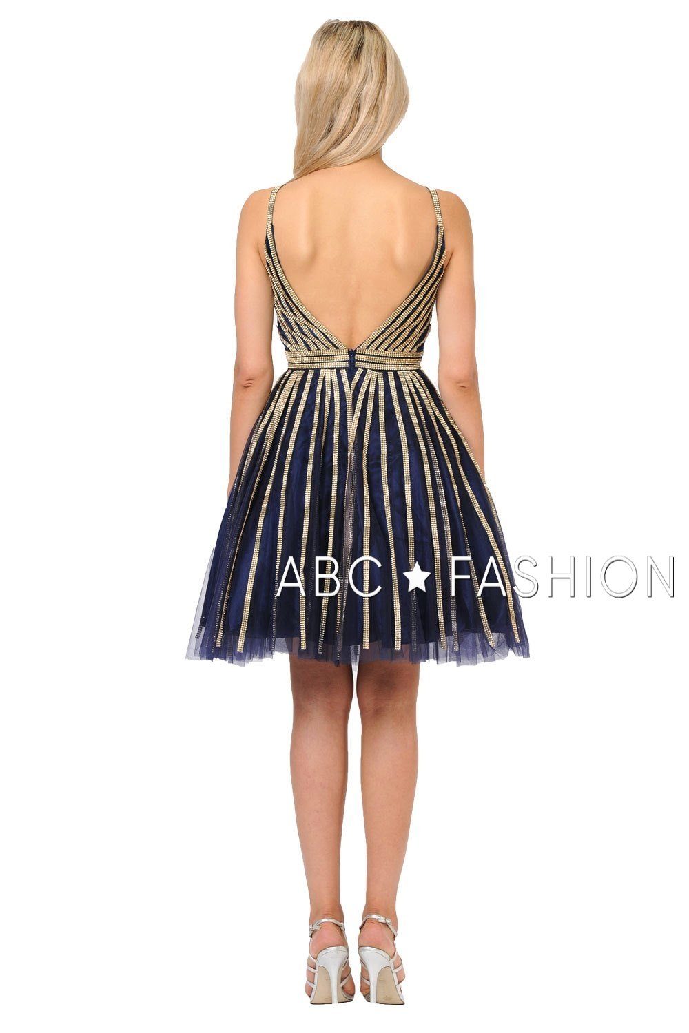 Gold Beaded Short Tulle V-Neck Dress by Poly USA 8330-Short Cocktail Dresses-ABC Fashion