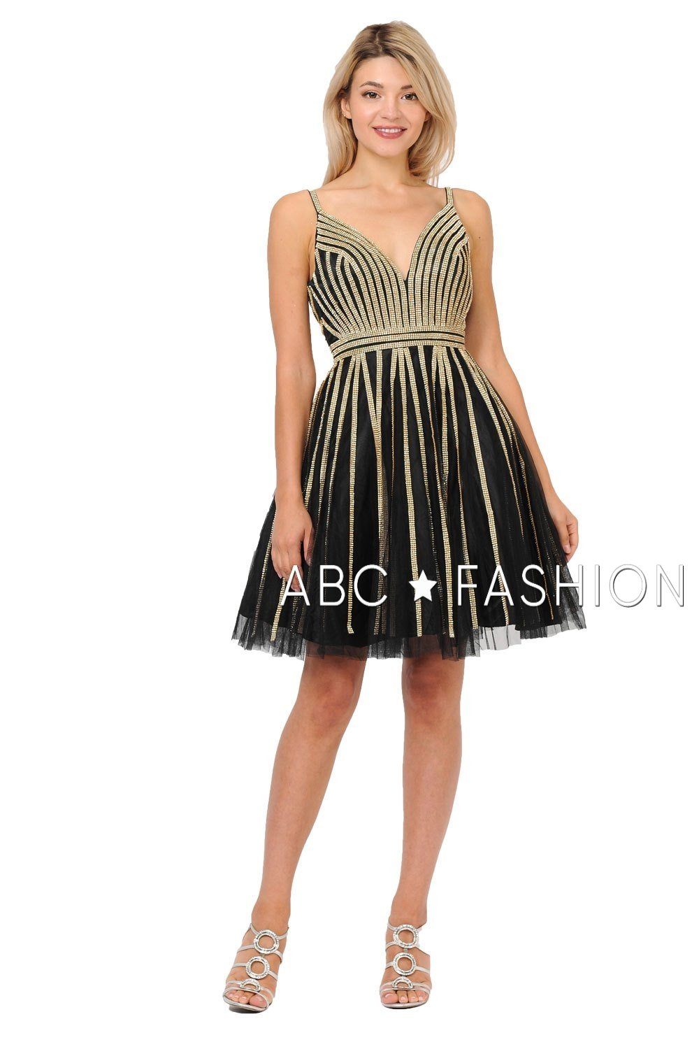Gold Beaded Short Tulle V-Neck Dress by Poly USA 8330-Short Cocktail Dresses-ABC Fashion