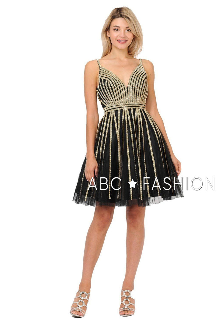 Gold Beaded Short Tulle V-Neck Dress by Poly USA 8330-Short Cocktail Dresses-ABC Fashion