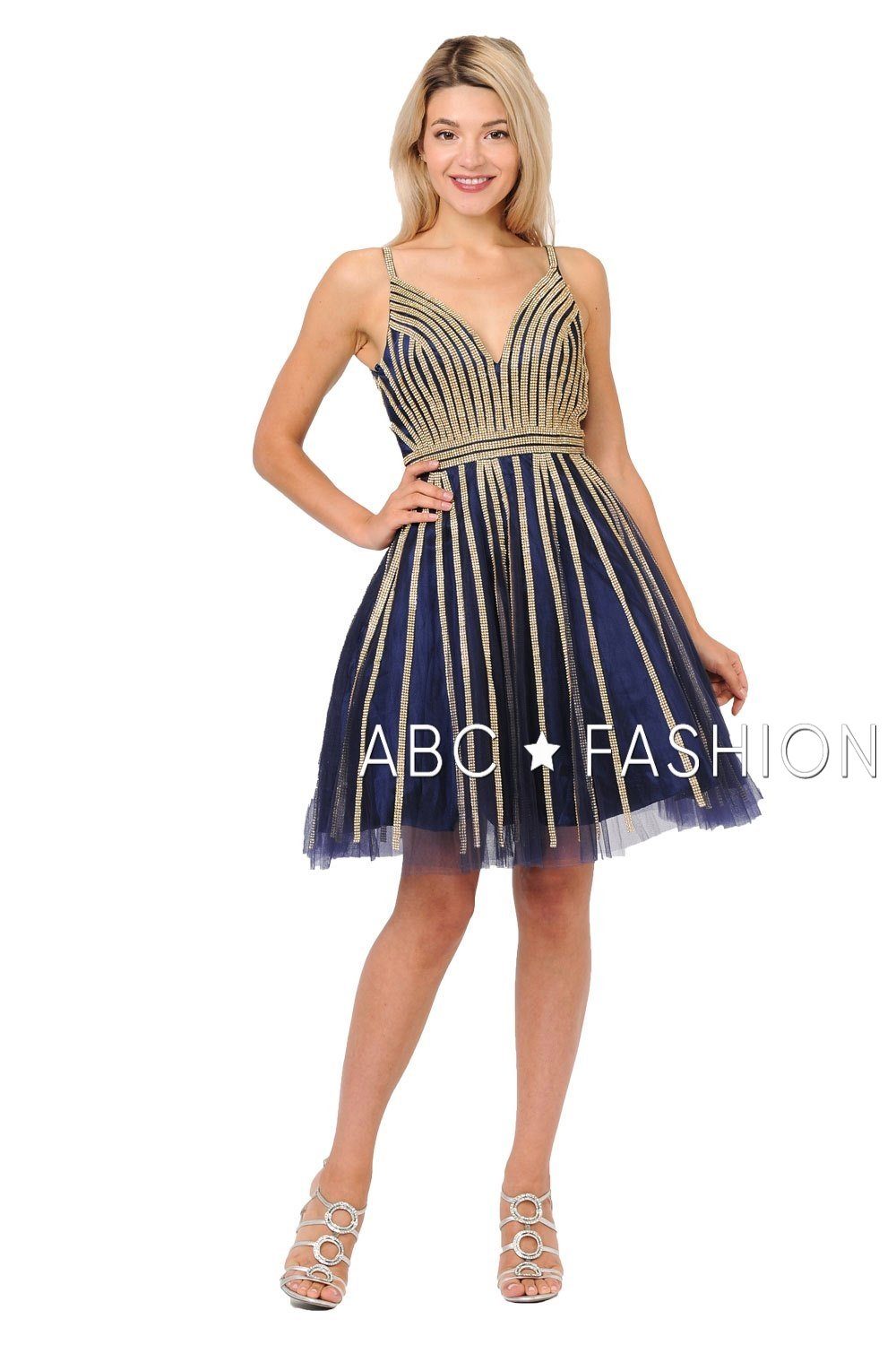 Gold Beaded Short Tulle V-Neck Dress by Poly USA 8330-Short Cocktail Dresses-ABC Fashion