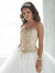 Gold Beaded Strapless Dress by House of Wu Fiesta Gowns Style 56286-Quinceanera Dresses-ABC Fashion