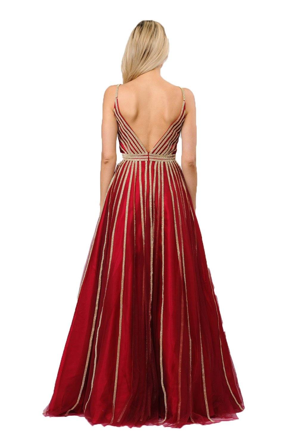 Gold Embellished Long A-line Mesh Dress by Poly USA 8328-Long Formal Dresses-ABC Fashion