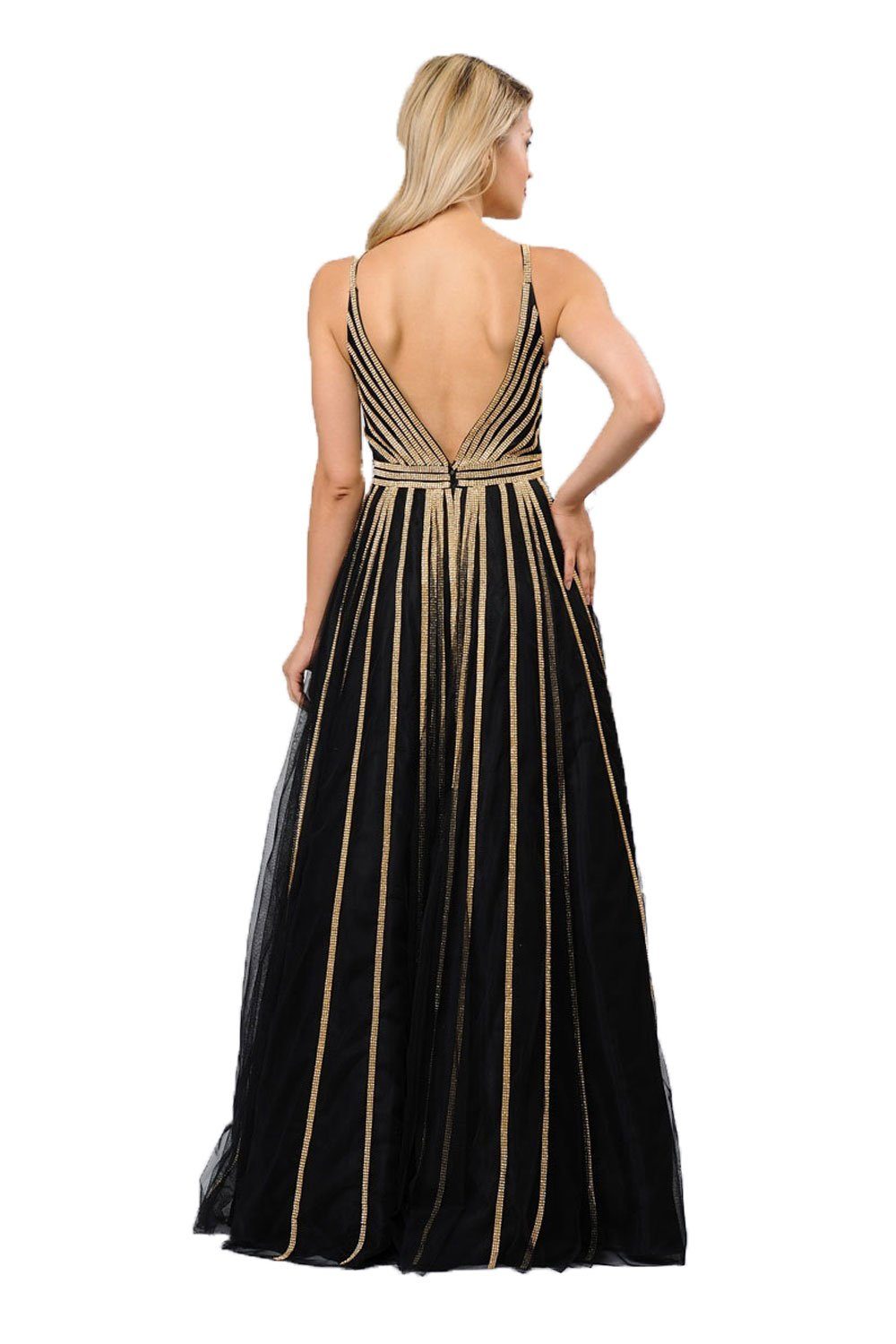 Gold Embellished Long A-line Mesh Dress by Poly USA 8328-Long Formal Dresses-ABC Fashion