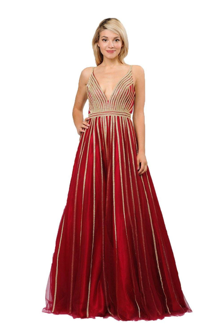 Gold Embellished Long A-line Mesh Dress by Poly USA 8328-Long Formal Dresses-ABC Fashion