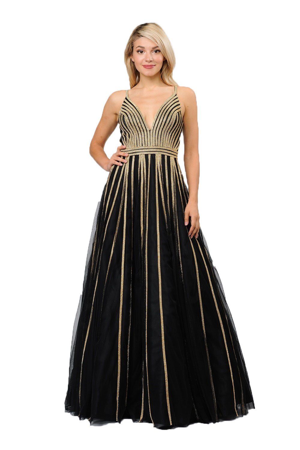 Gold Embellished Long A-line Mesh Dress by Poly USA 8328-Long Formal Dresses-ABC Fashion