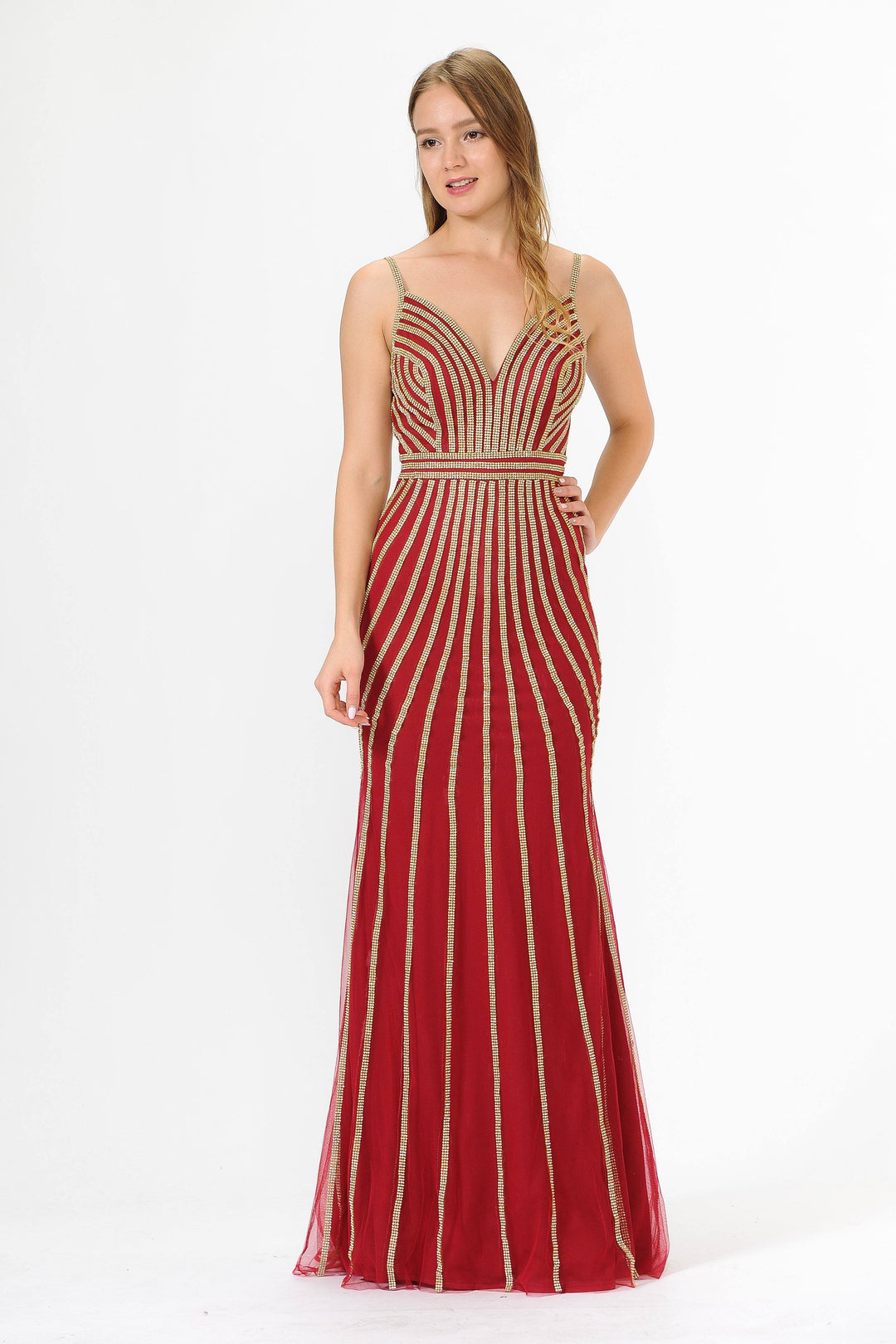 Gold Embellished Long V-Neck Dress by Poly USA 8322-Long Formal Dresses-ABC Fashion