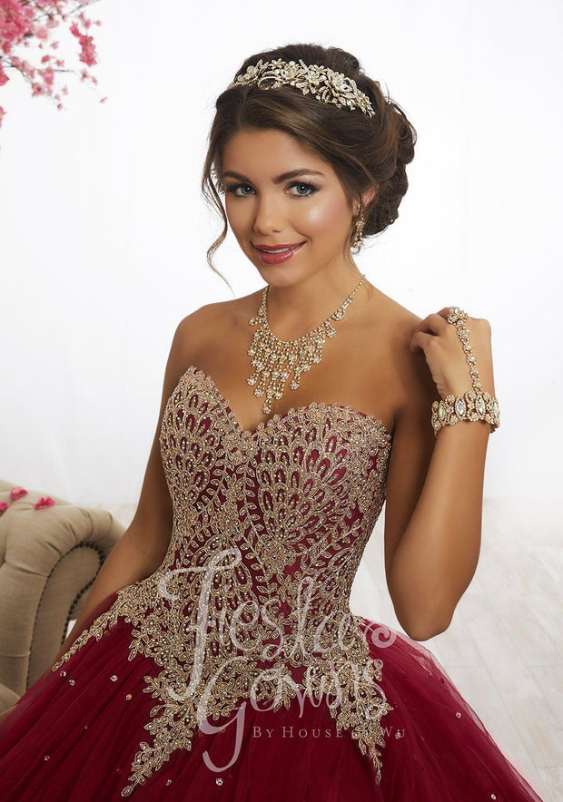 Gold Lace Appliqued Quinceanera Dress by Fiesta Gowns 56341-Quinceanera Dresses-ABC Fashion