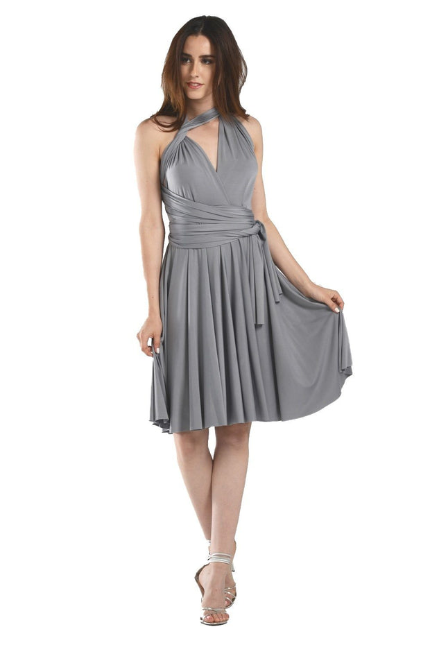 Gray Short Convertible Jersey Dress by Poly USA-Short Cocktail Dresses-ABC Fashion