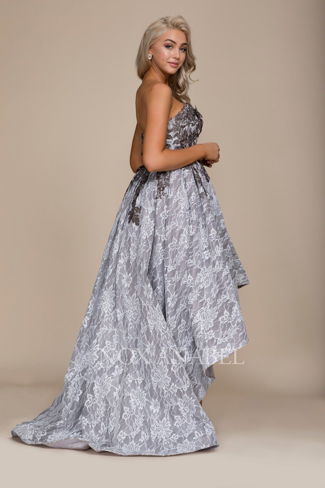 Gray Strapless High Low Dress with Appliqued Top by Nox Anabel E013-Long Formal Dresses-ABC Fashion