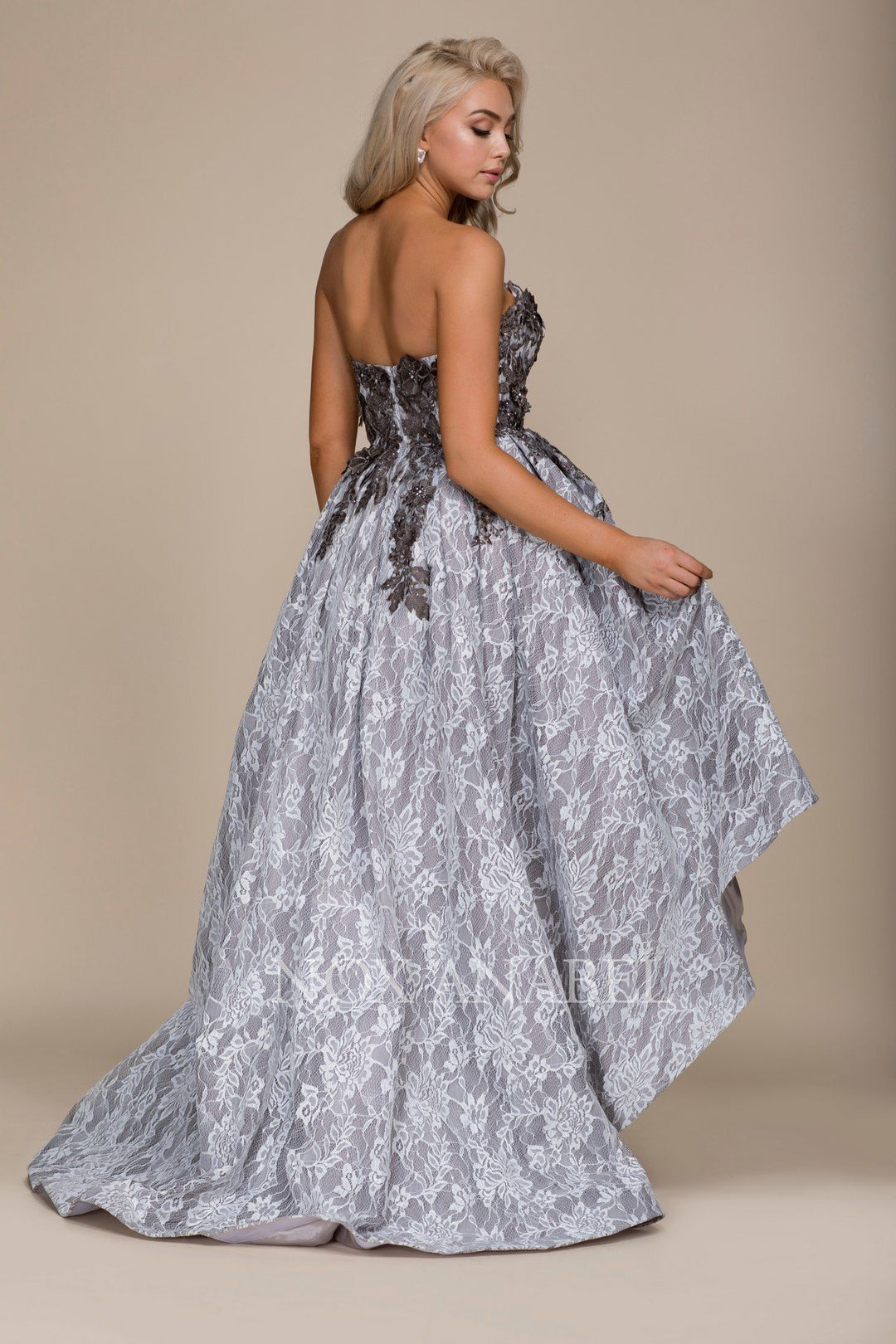 Gray Strapless High Low Dress with Appliqued Top by Nox Anabel E013-Long Formal Dresses-ABC Fashion