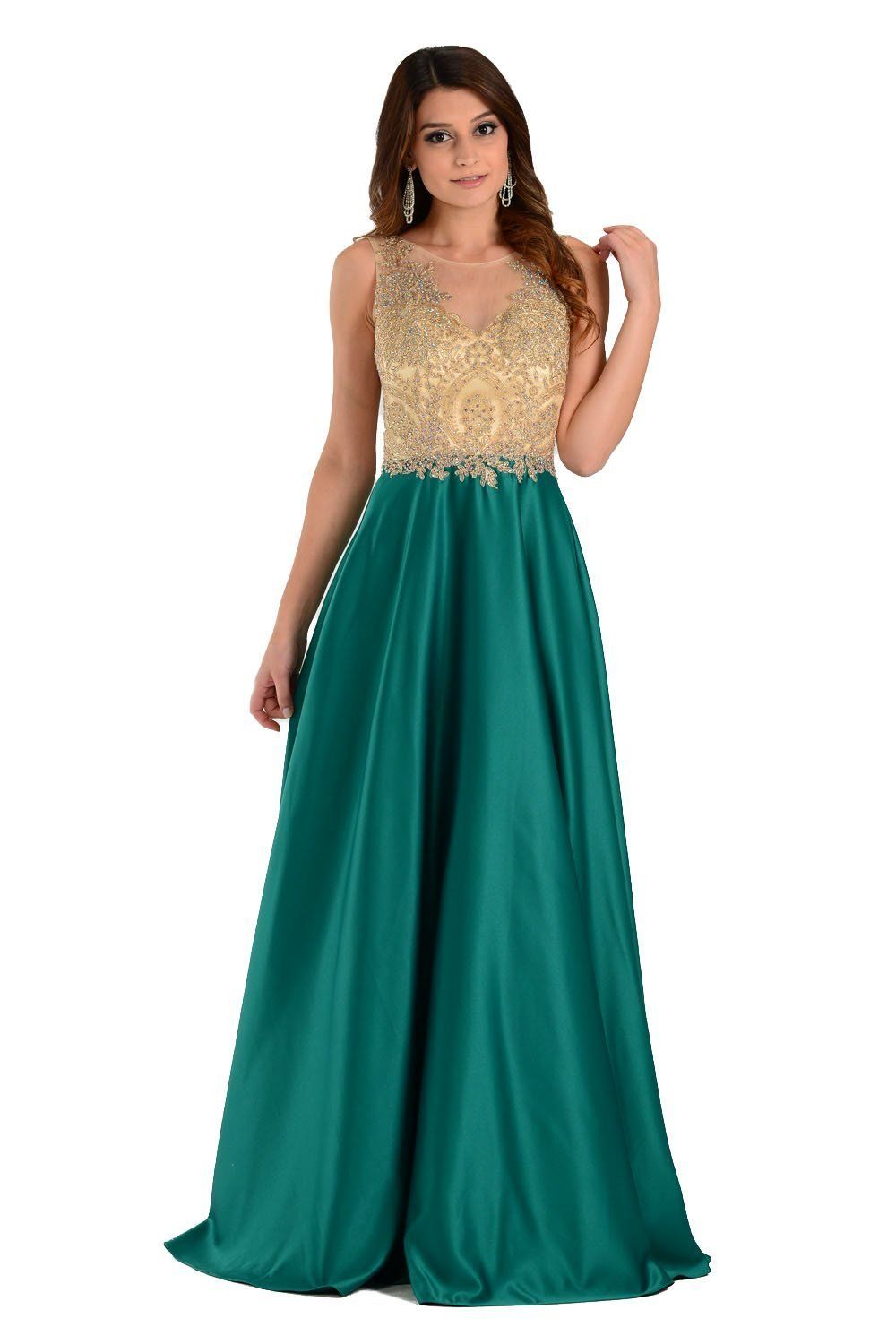 Green Long A Line Gown with Lace Applique Bodice by Poly USA-Long Formal Dresses-ABC Fashion