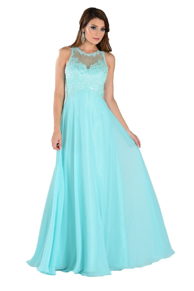 Green Long Chiffon Dress with Lace Applique Top by Poly USA-Long Formal Dresses-ABC Fashion