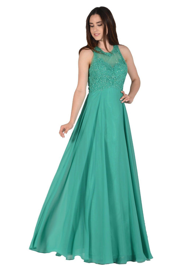 Green Long Chiffon Dress with Lace Applique Top by Poly USA-Long Formal Dresses-ABC Fashion