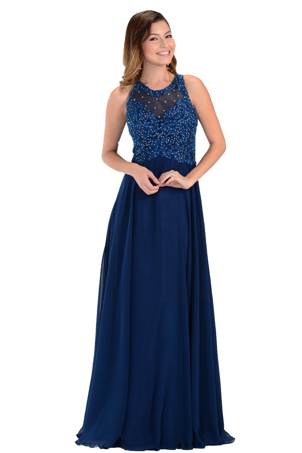 Green Long Chiffon Dress with Lace Applique Top by Poly USA-Long Formal Dresses-ABC Fashion