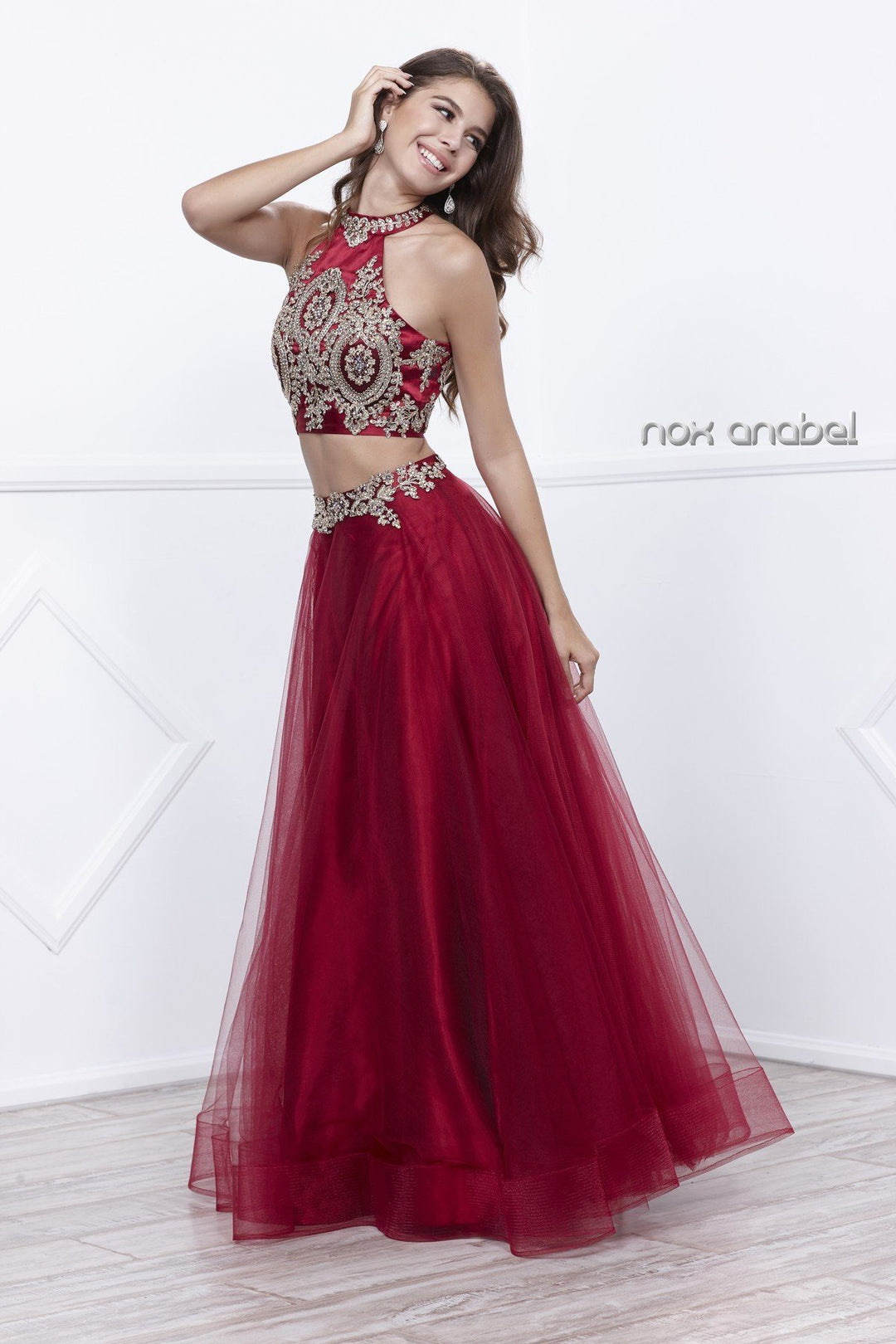 Halter Crop Top Dress with Beaded Embroidery by Nox Anabel 8205-Long Formal Dresses-ABC Fashion