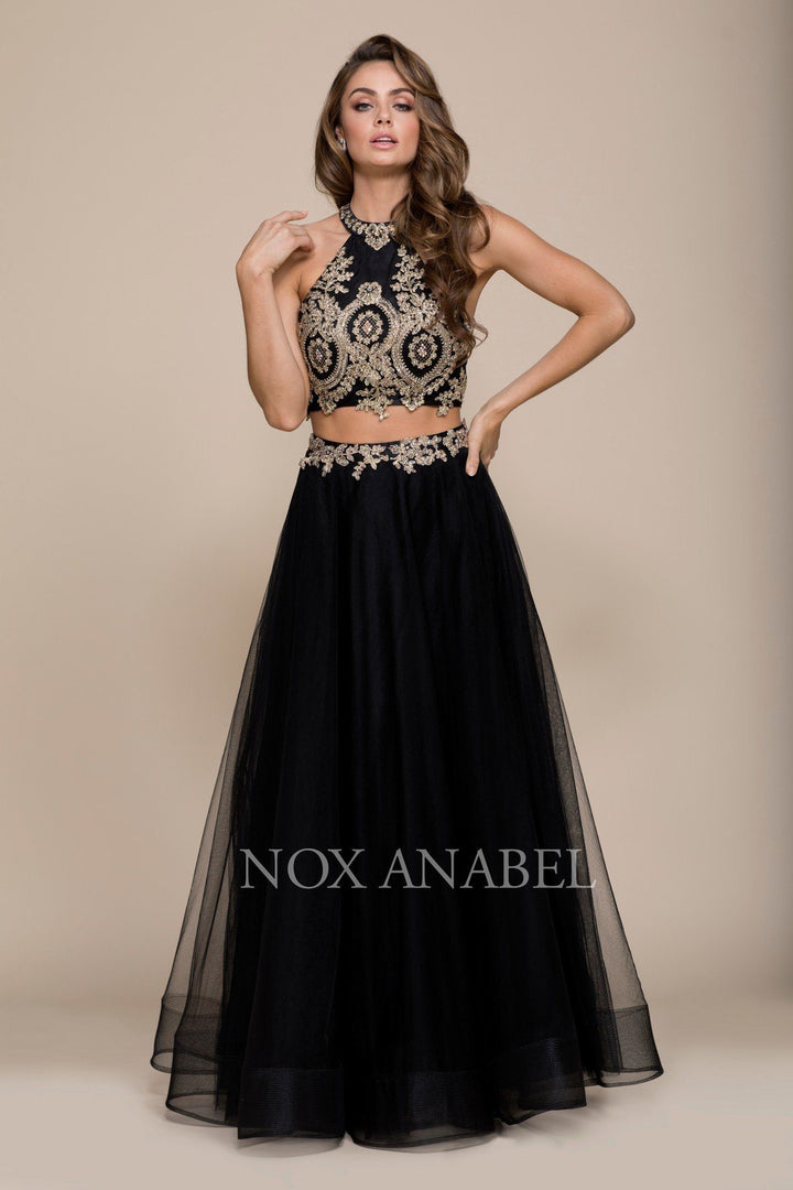 Halter Crop Top Dress with Beaded Embroidery by Nox Anabel 8205-Long Formal Dresses-ABC Fashion