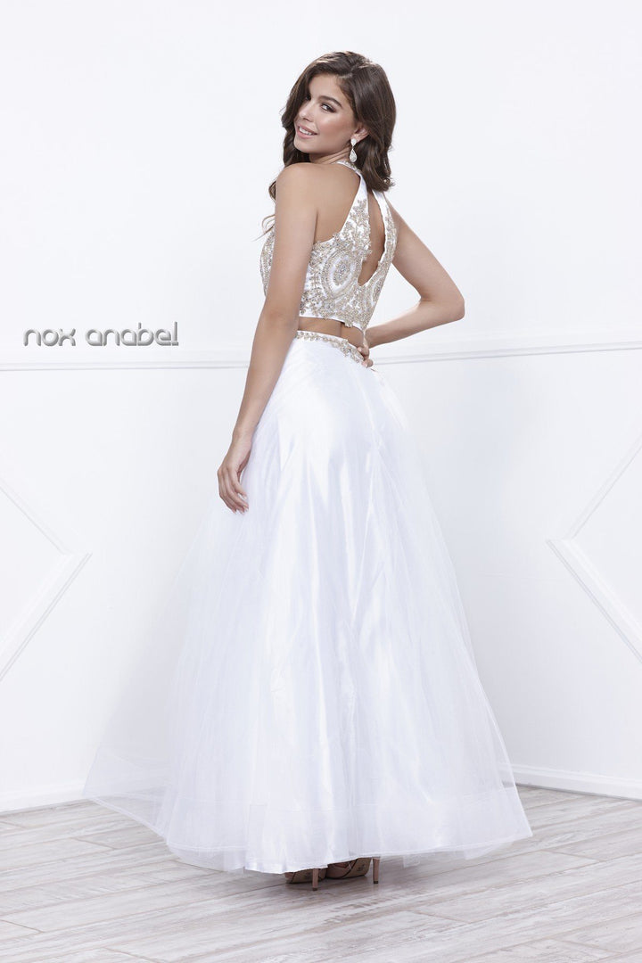 Halter Crop Top Dress with Beaded Embroidery by Nox Anabel 8205-Long Formal Dresses-ABC Fashion