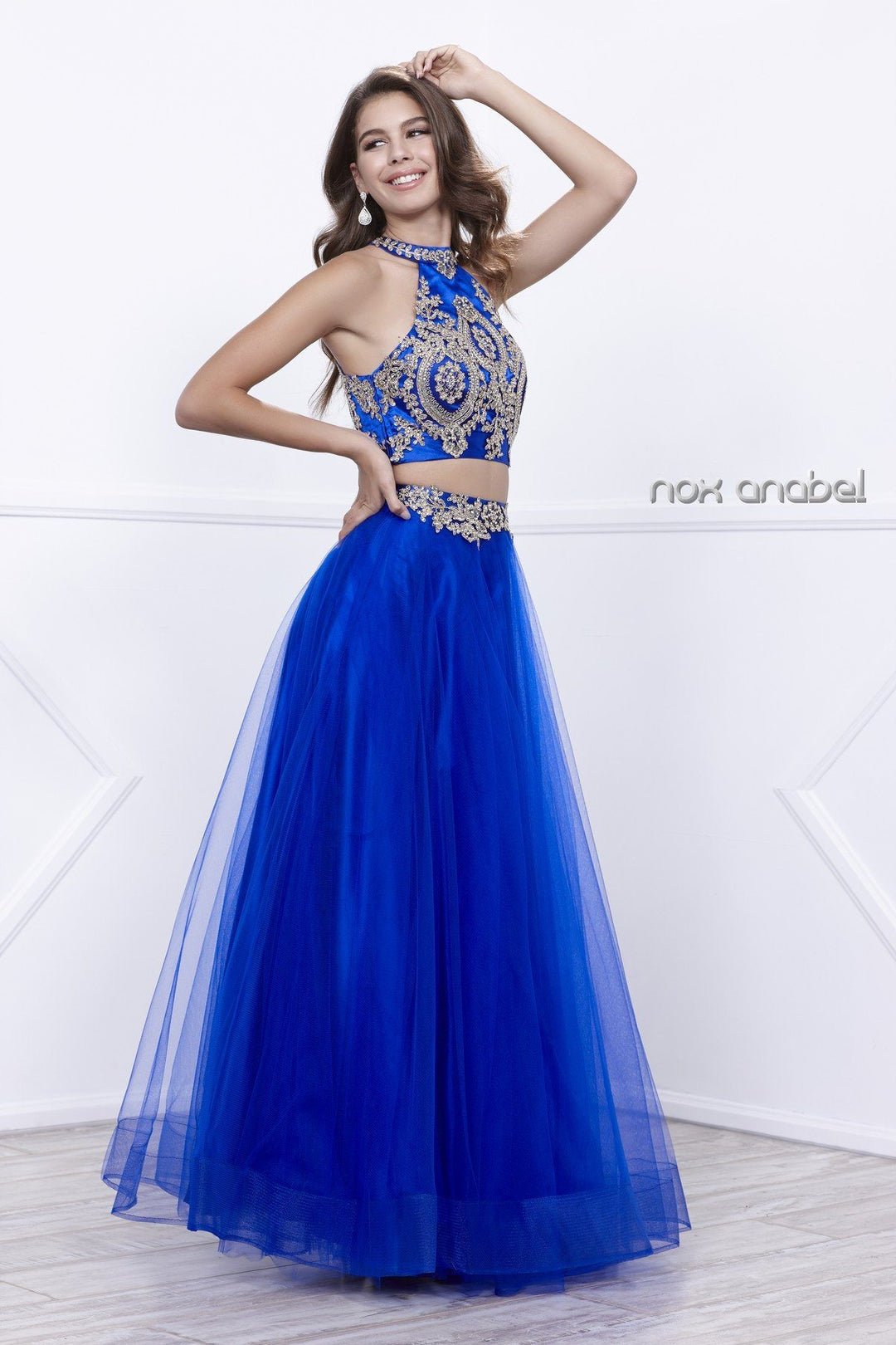 Halter Crop Top Dress with Beaded Embroidery by Nox Anabel 8205-Long Formal Dresses-ABC Fashion