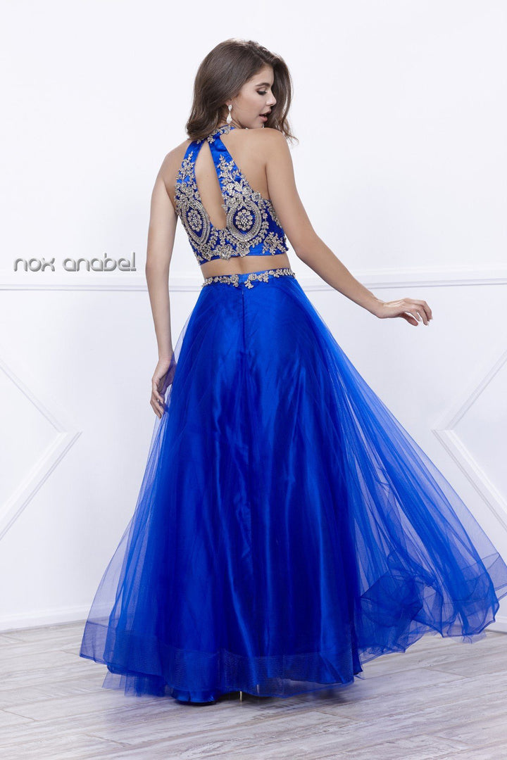 Halter Crop Top Dress with Beaded Embroidery by Nox Anabel 8205-Long Formal Dresses-ABC Fashion