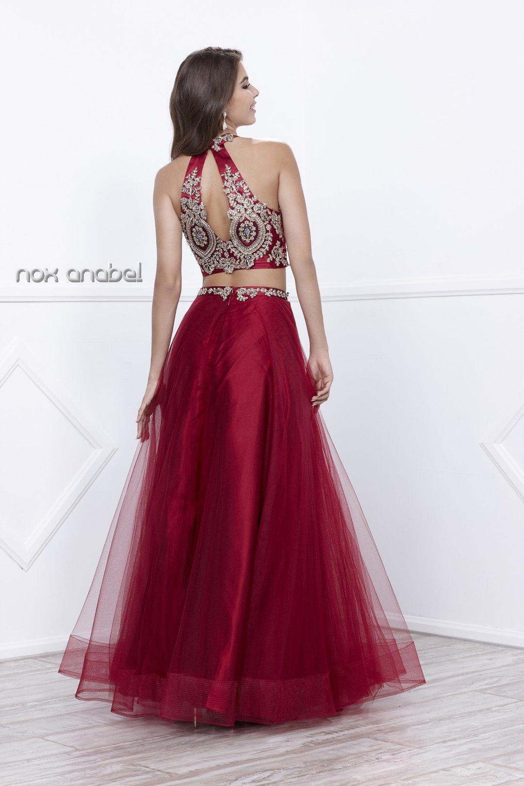 Halter Crop Top Dress with Beaded Embroidery by Nox Anabel 8205-Long Formal Dresses-ABC Fashion