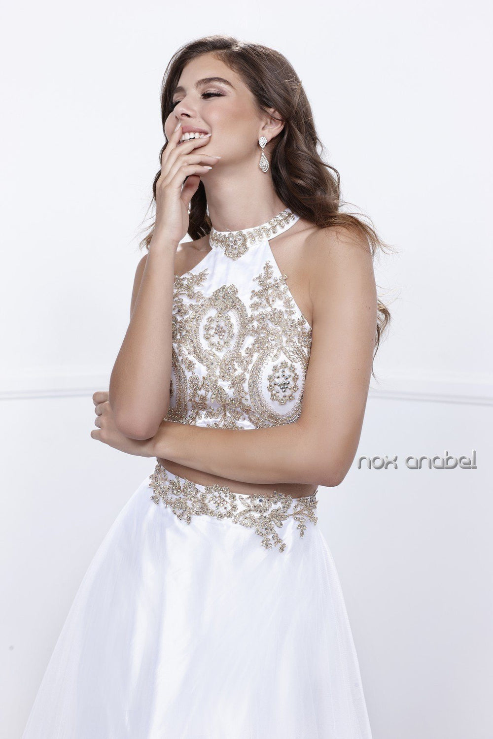 Halter Crop Top Dress with Beaded Embroidery by Nox Anabel 8205-Long Formal Dresses-ABC Fashion