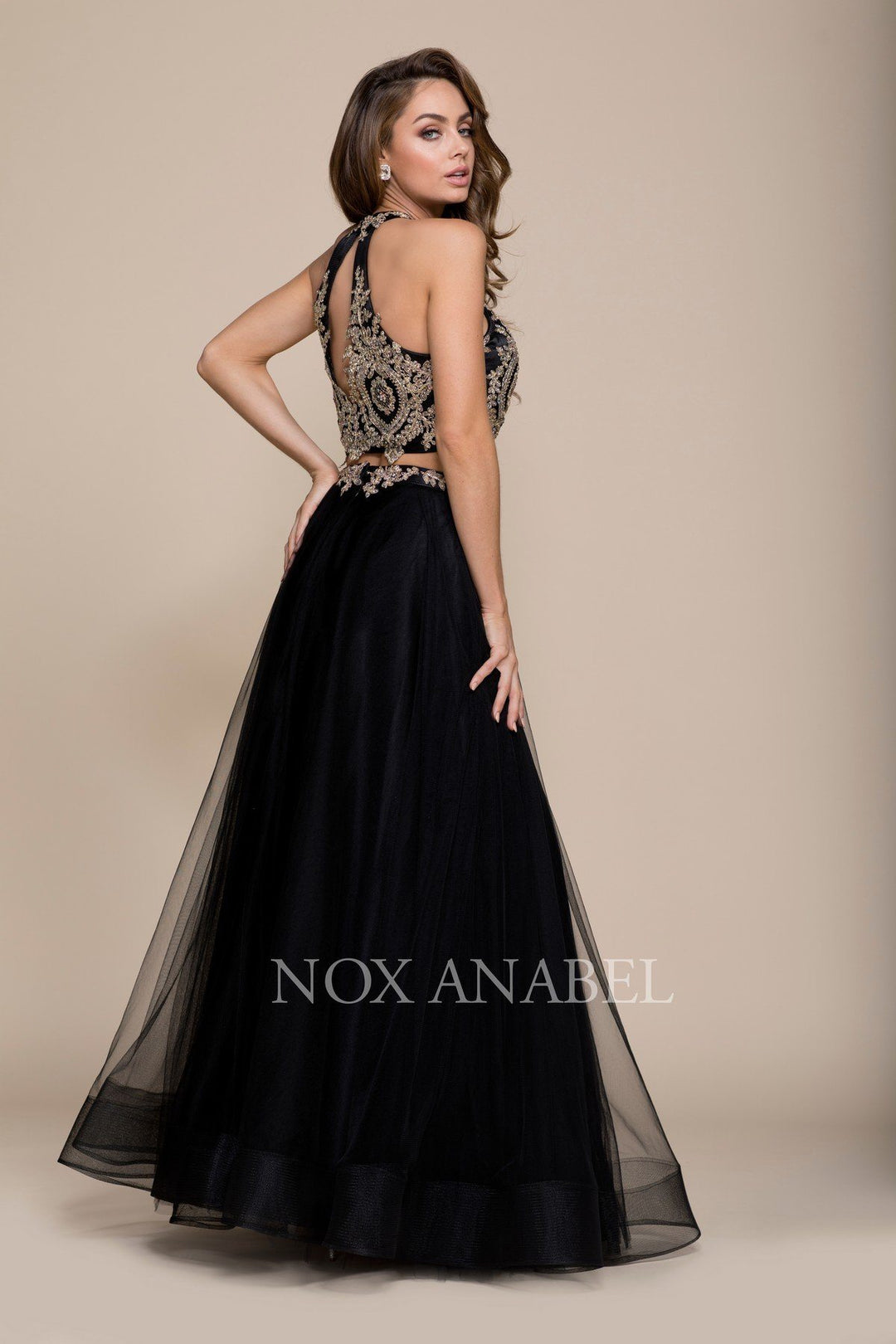 Halter Crop Top Dress with Beaded Embroidery by Nox Anabel 8205-Long Formal Dresses-ABC Fashion