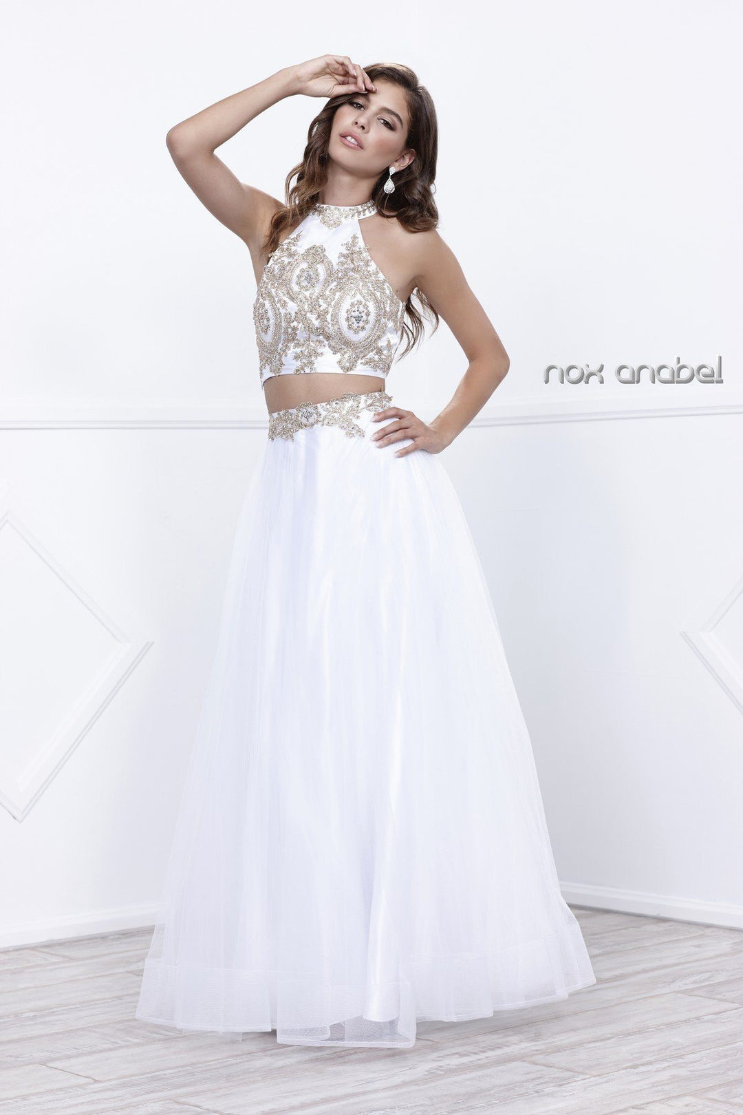 Halter Crop Top Dress with Beaded Embroidery by Nox Anabel 8205-Long Formal Dresses-ABC Fashion