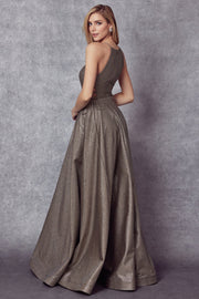 Halter Metallic Gown with Lace-Up Sides by Juliet 241