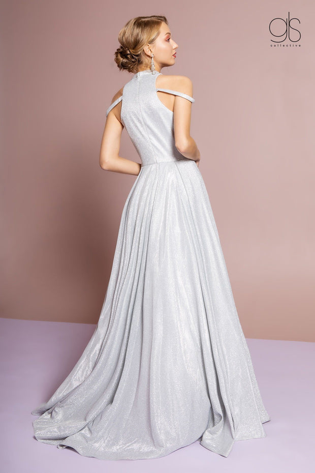 High Neck Cold Shoulder Glitter Crepe Gown by Elizabeth K GL2664-Long Formal Dresses-ABC Fashion