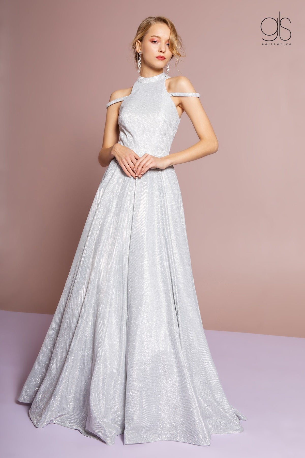 High Neck Cold Shoulder Glitter Crepe Gown by Elizabeth K GL2664 XL / Silver