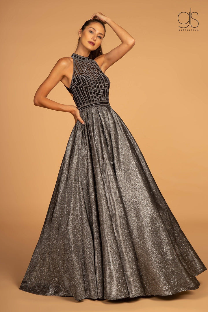 High Neck Evening Gown with Glitter Skirt by GLS Gloria GL2631-Long Formal Dresses-ABC Fashion