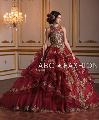 High-Neck Gold Applique Quinceanera Dress by House of Wu 26933-Quinceanera Dresses-ABC Fashion