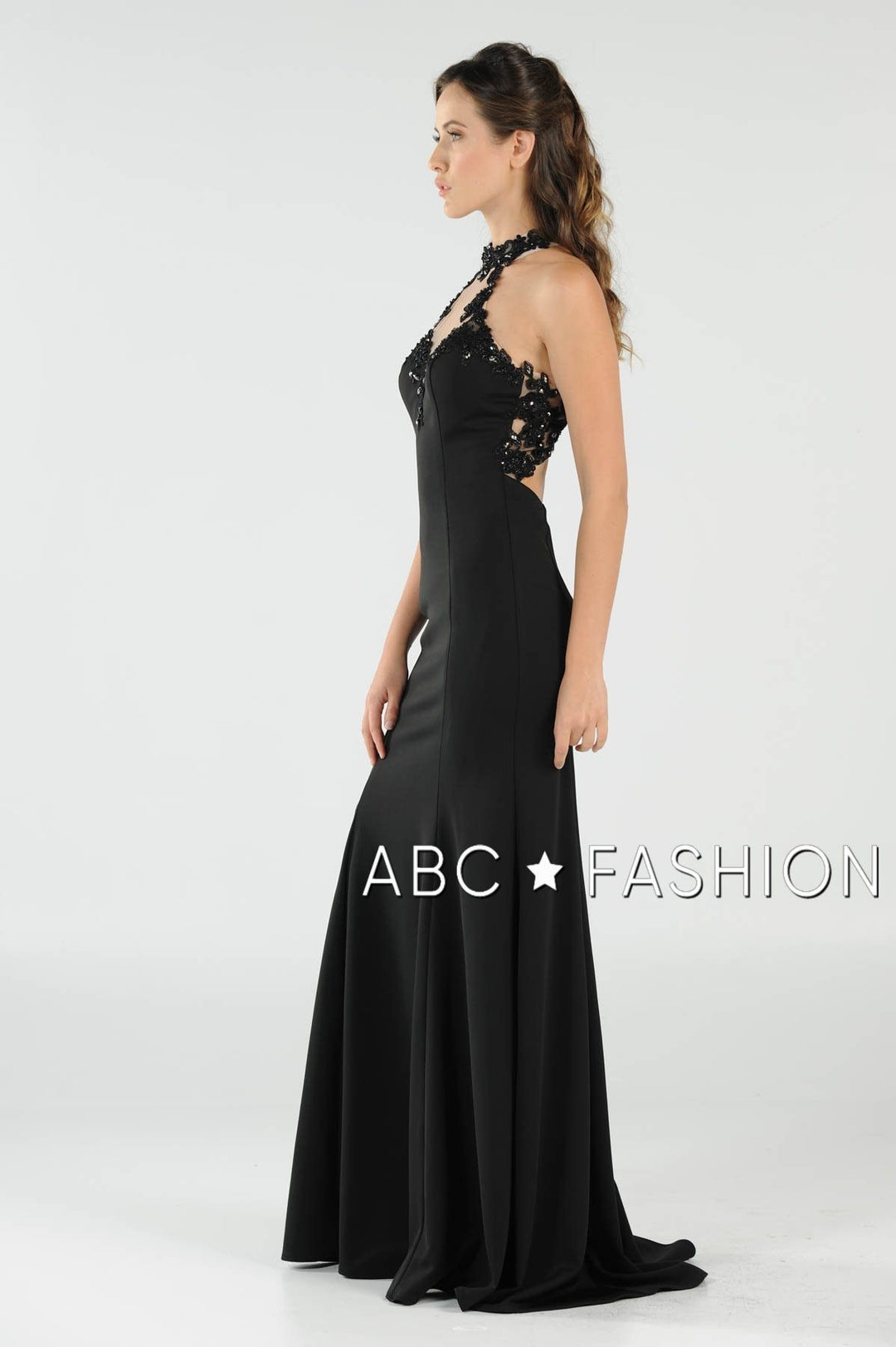 High-Neck Mermaid Dress with Lace Appliques by Poly USA 8172-Long Formal Dresses-ABC Fashion