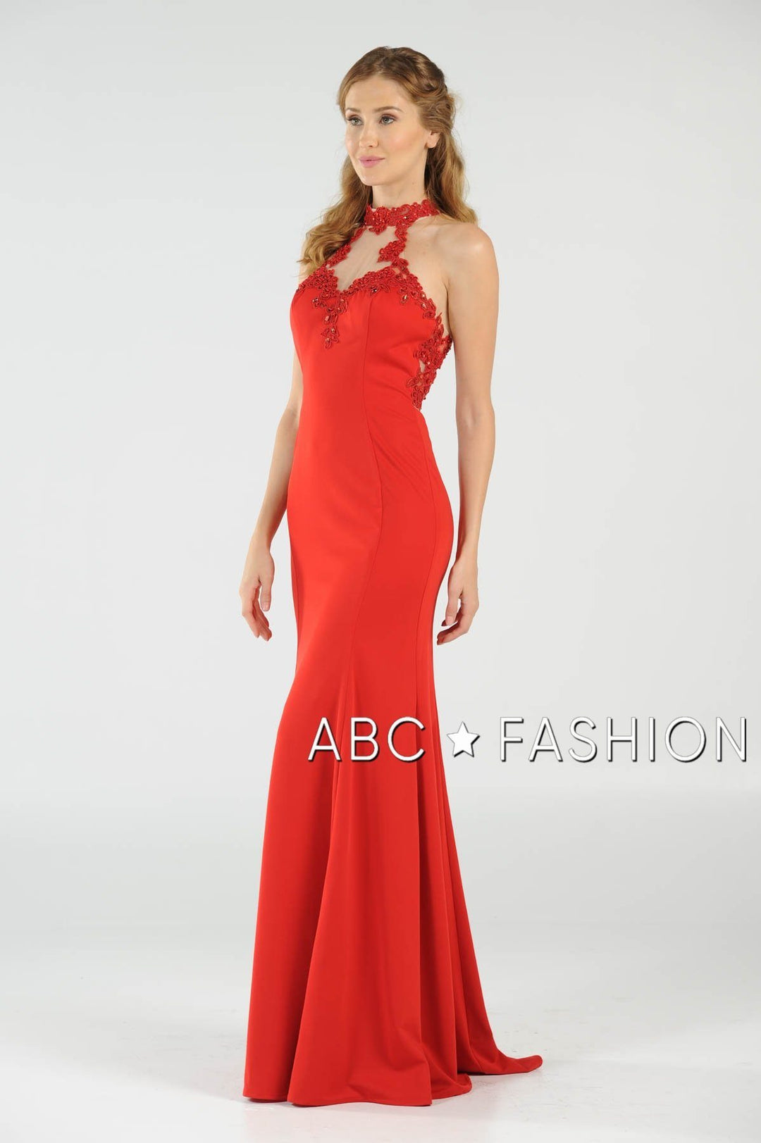 High-Neck Mermaid Dress with Lace Appliques by Poly USA 8172-Long Formal Dresses-ABC Fashion