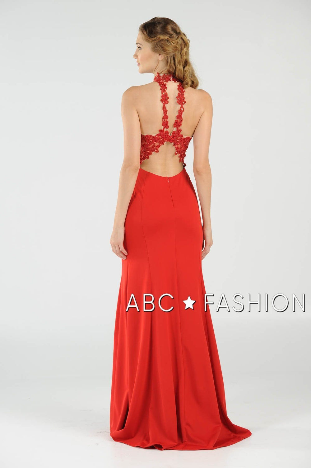 High-Neck Mermaid Dress with Lace Appliques by Poly USA 8172-Long Formal Dresses-ABC Fashion