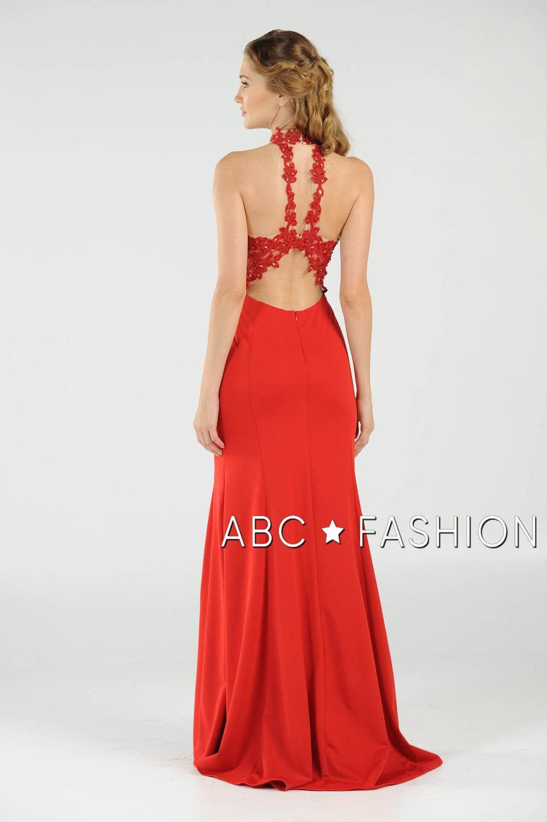 High-Neck Mermaid Dress with Lace Appliques by Poly USA 8172-Long Formal Dresses-ABC Fashion