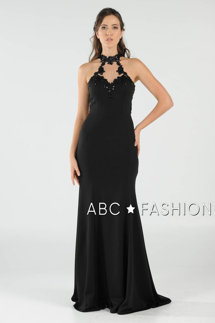 High-Neck Mermaid Dress with Lace Appliques by Poly USA 8172-Long Formal Dresses-ABC Fashion