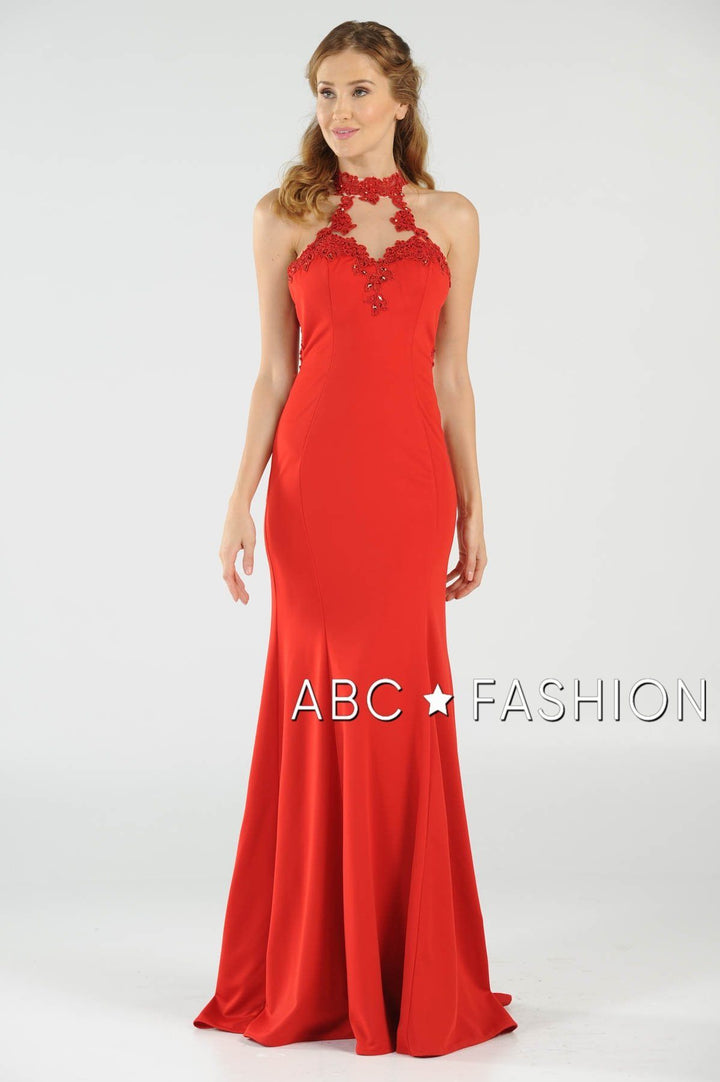 High-Neck Mermaid Dress with Lace Appliques by Poly USA 8172-Long Formal Dresses-ABC Fashion