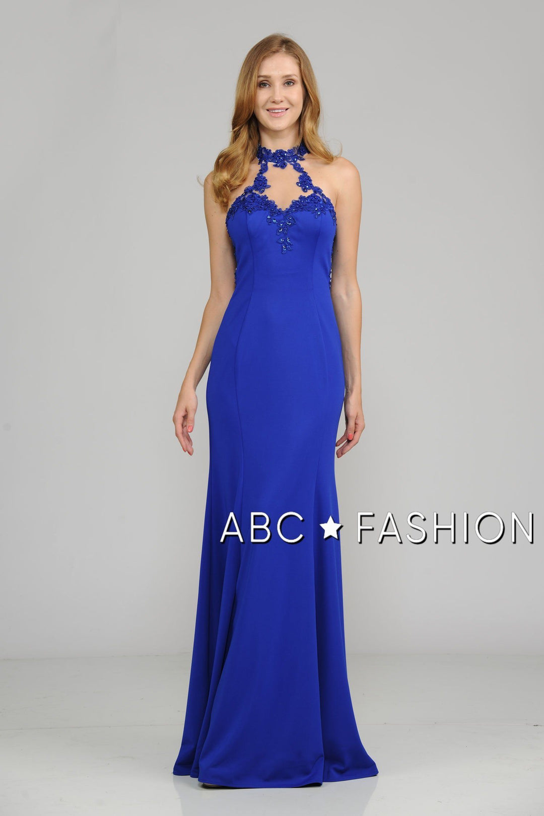 High-Neck Mermaid Dress with Lace Appliques by Poly USA 8172-Long Formal Dresses-ABC Fashion