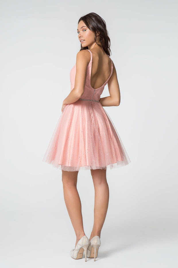 Illusion Deep V-Neck Short Glitter Dress by Elizabeth K GS2865-Short Cocktail Dresses-ABC Fashion