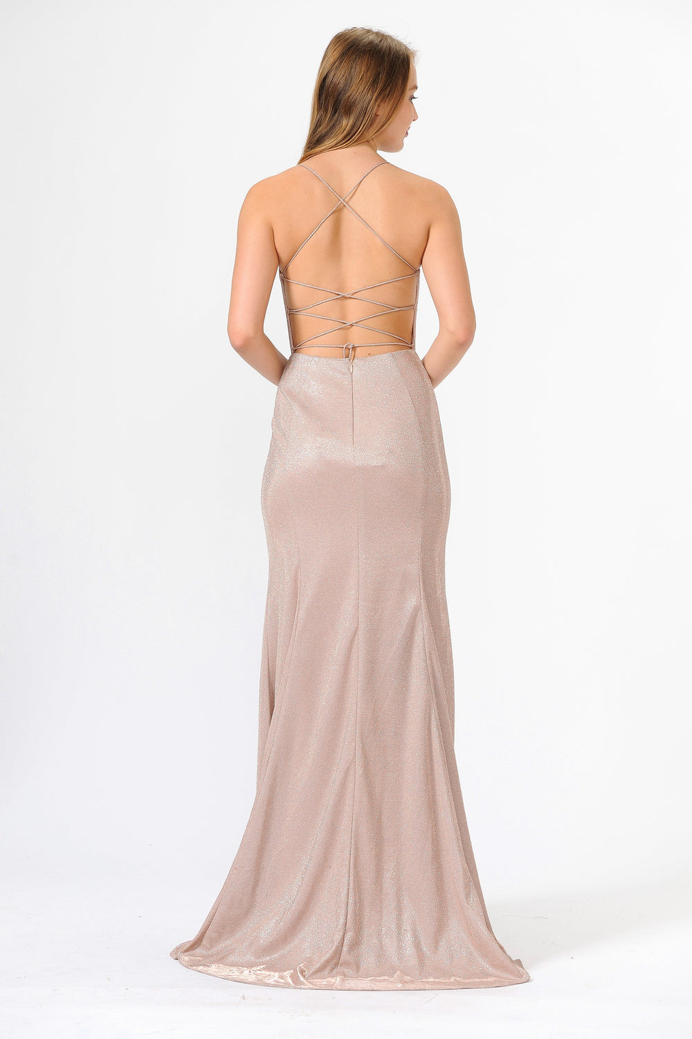 Illusion Inset V-Neck Open Back Long Glitter Dress by Poly USA 8494-Long Formal Dresses-ABC Fashion