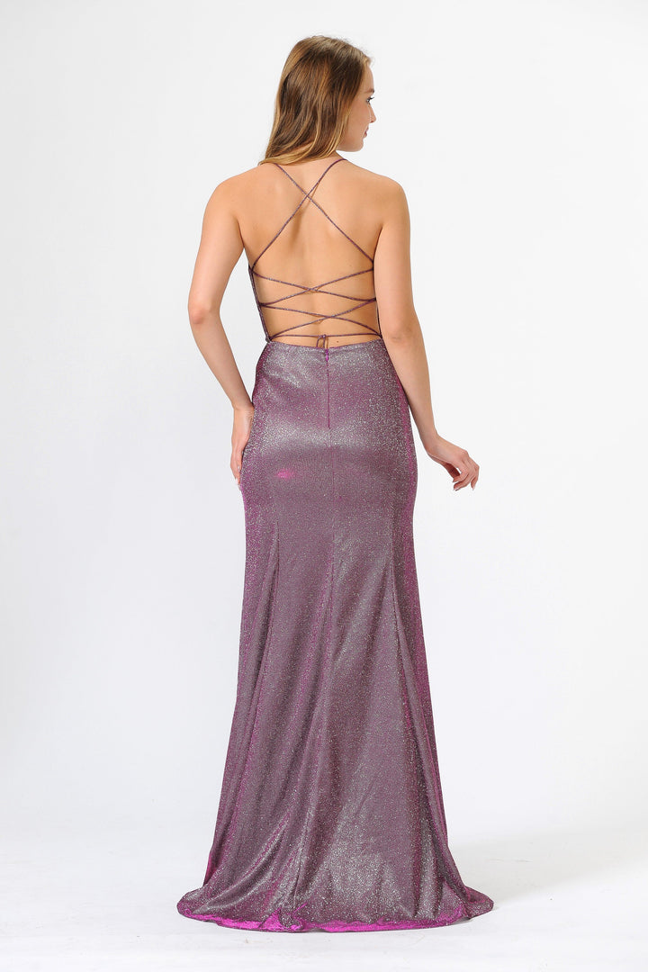 Illusion Inset V-Neck Open Back Long Glitter Dress by Poly USA 8494-Long Formal Dresses-ABC Fashion
